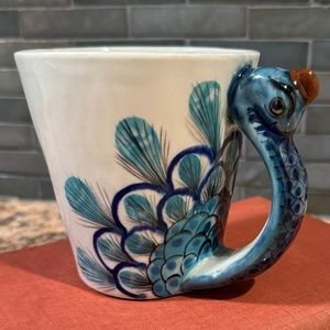 Hand Painted Guatemalan Ceramic Pottery Sculpted Peacock Mug signed by artist